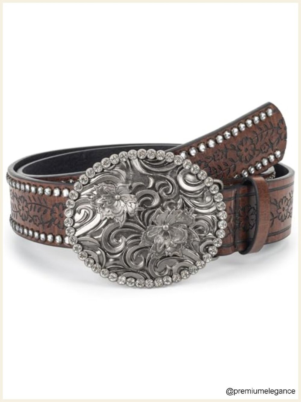 Faux Leather Rhinestone Cowgirl Belt, Floral Embossed, Oval Buckle